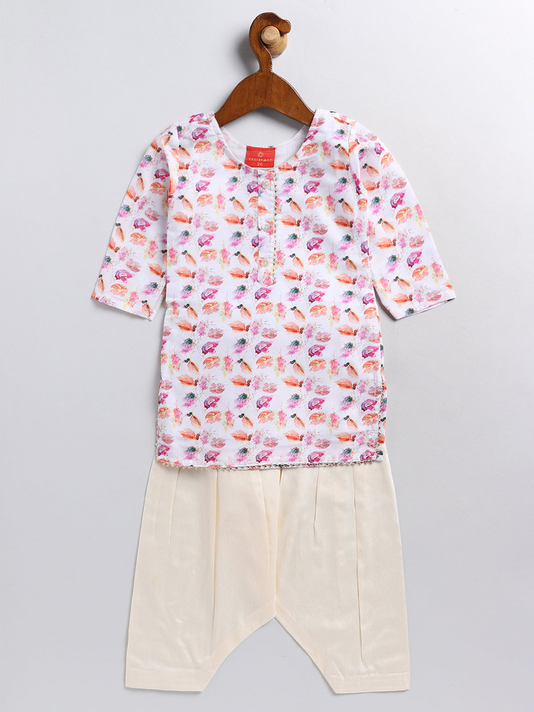 Sishu Girl's' White Floral Printed Linen Kurta And Cream Patiala Set