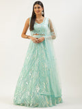Embroidered Sequinned Semi-Stitched Lehenga and Unstitched Blouse With Dupatta - Blue