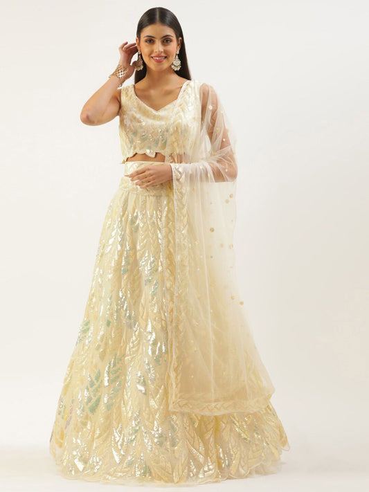 Embroidered Sequinned Semi-Stitched Lehenga and Unstitched Blouse With Dupatta - Beige