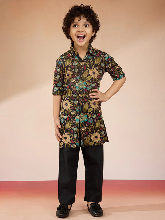 Black Cambric Cotton Navratri Boys Kurta Set