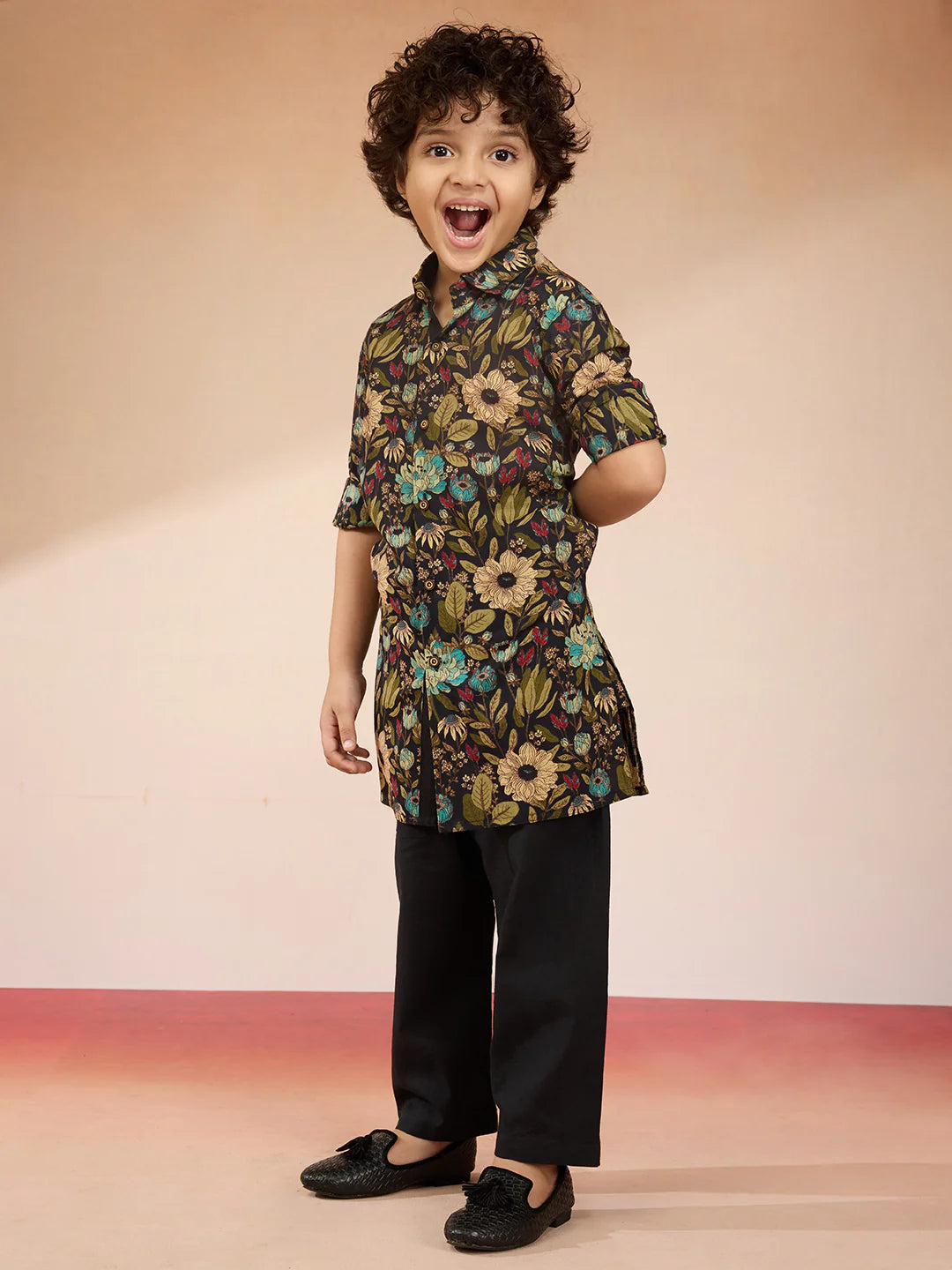 Black Cambric Cotton Navratri Boys Kurta Set