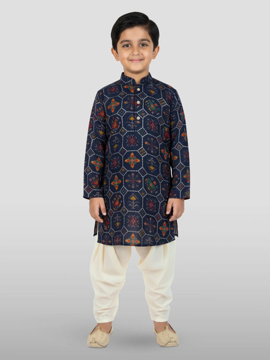 Navy Blue Rayon Diwali Boys Kurta Set