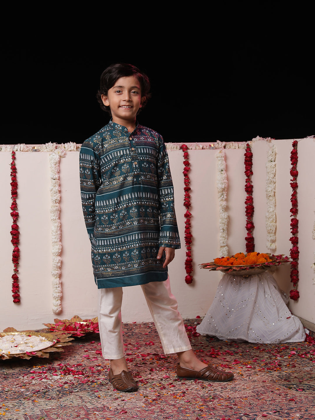 Boys' Blue Foil Printed Kurta And Cream Pyjama Set