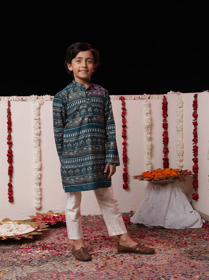 Boys' Blue Foil Printed Kurta And Cream Pyjama Set