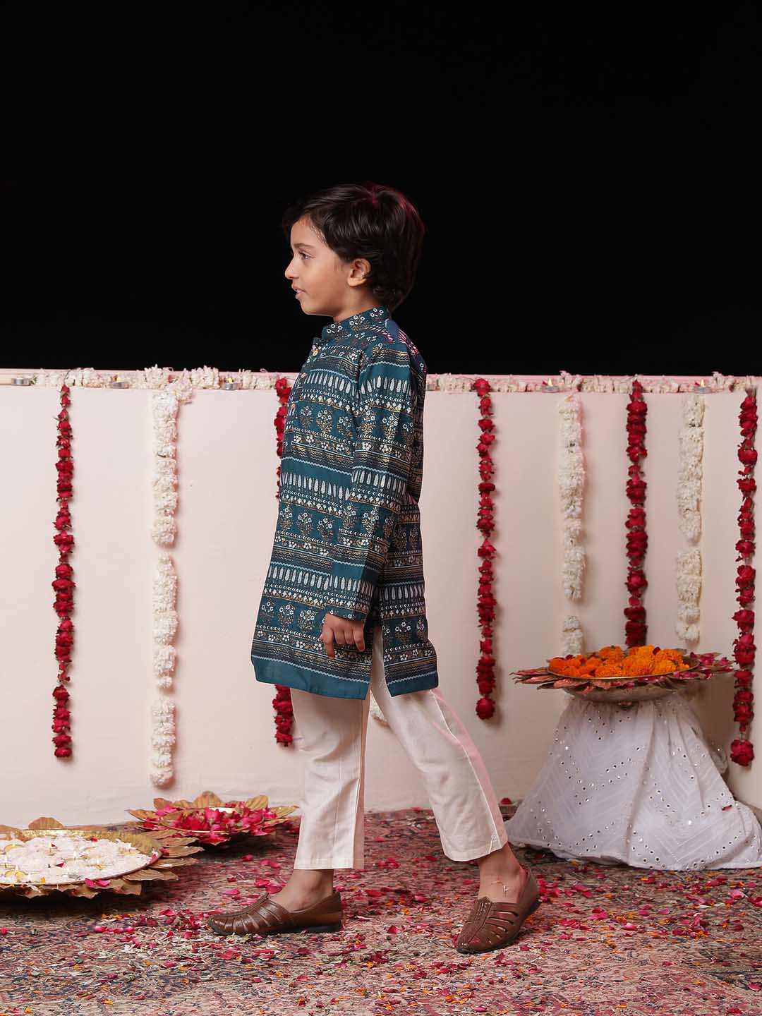 Boys' Blue Foil Printed Kurta And Cream Pyjama Set