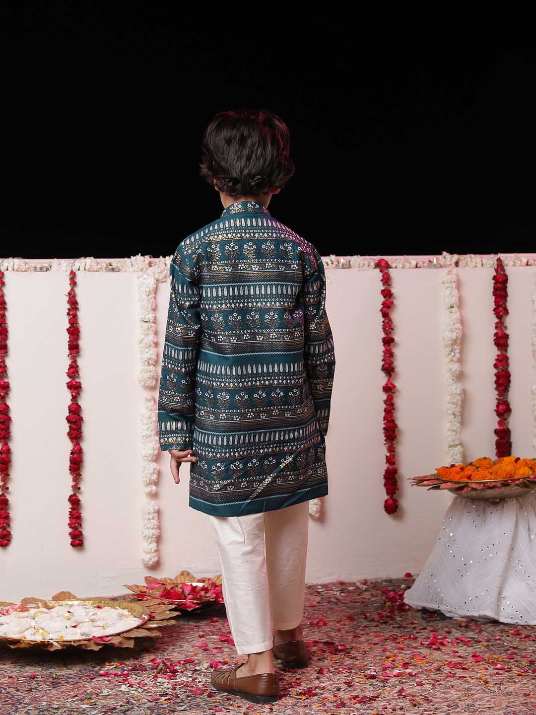 Boys' Blue Foil Printed Kurta And Cream Pyjama Set