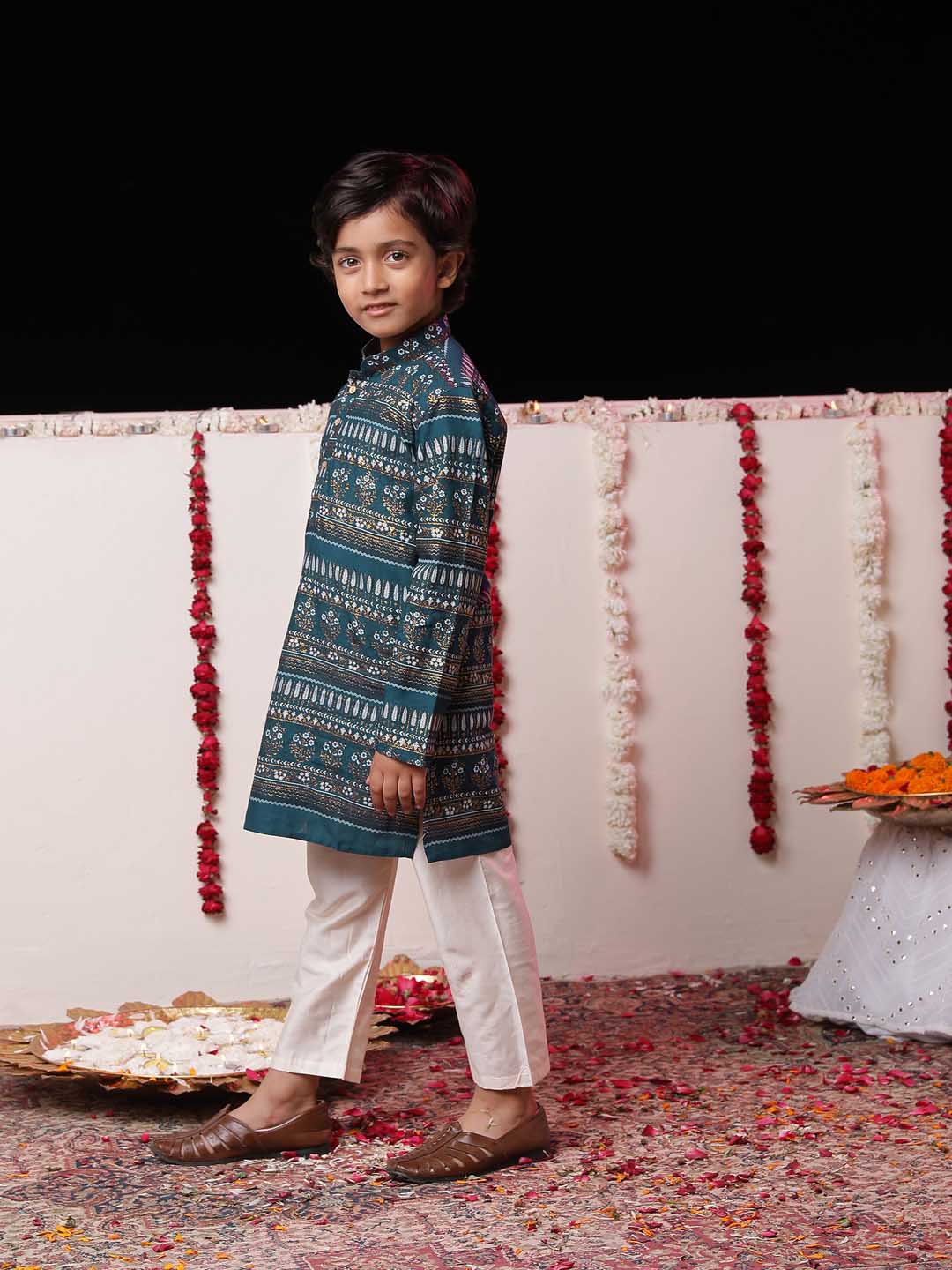 Boys' Blue Foil Printed Kurta And Cream Pyjama Set