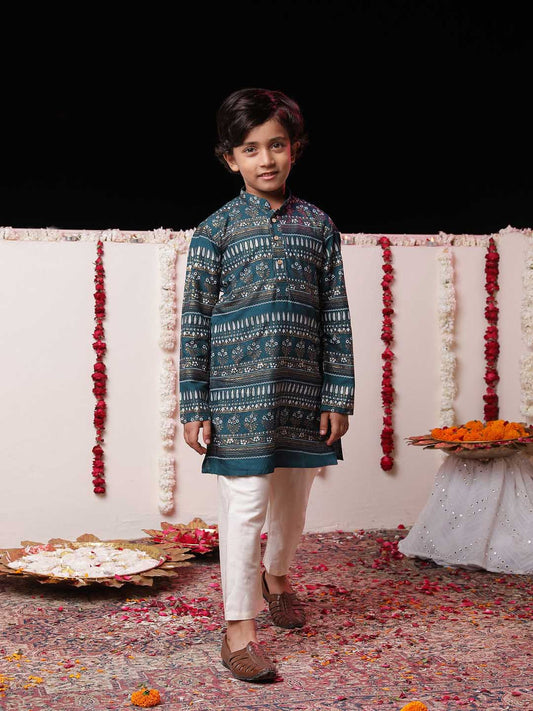 Boys' Blue Foil Printed Kurta And Cream Pyjama Set