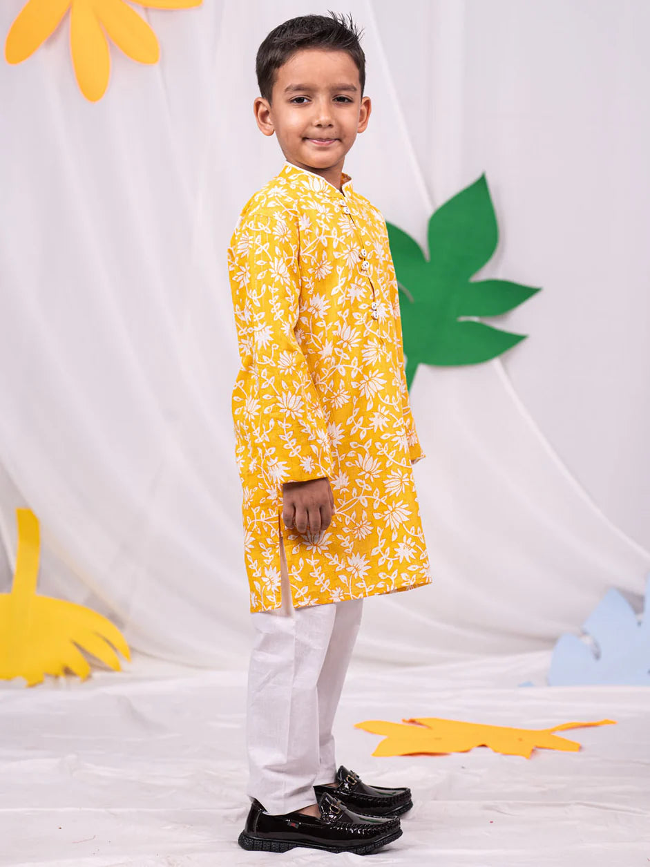 Yellow Cotton Indated Traditions Boys Kurta Set