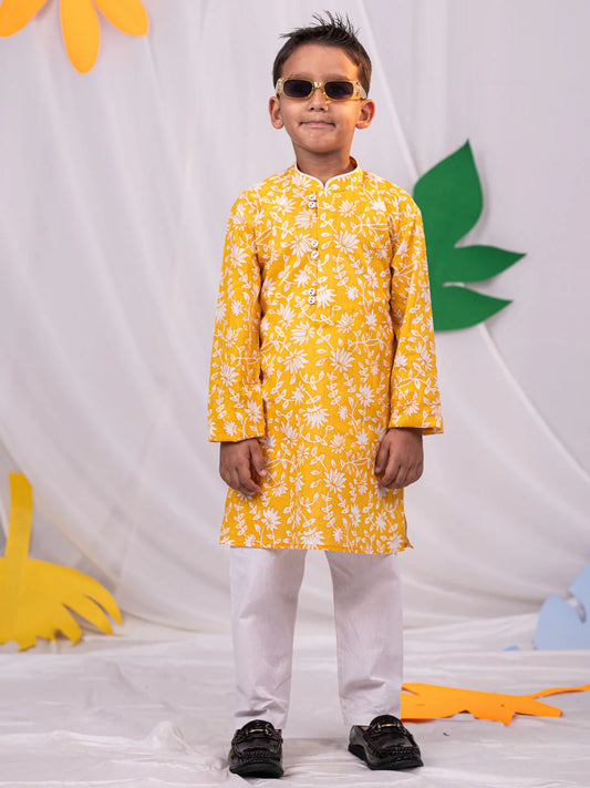 Yellow Cotton Indated Traditions Boys Kurta Set