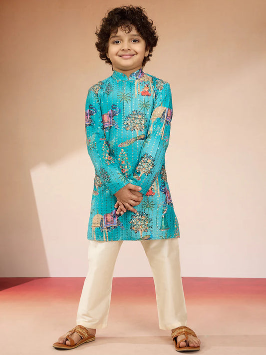 Blue Polyester Lurex Blend Navratri Boys Kurta Set