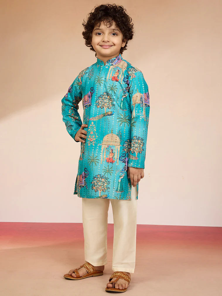 Blue Polyester Lurex Blend Navratri Boys Kurta Set