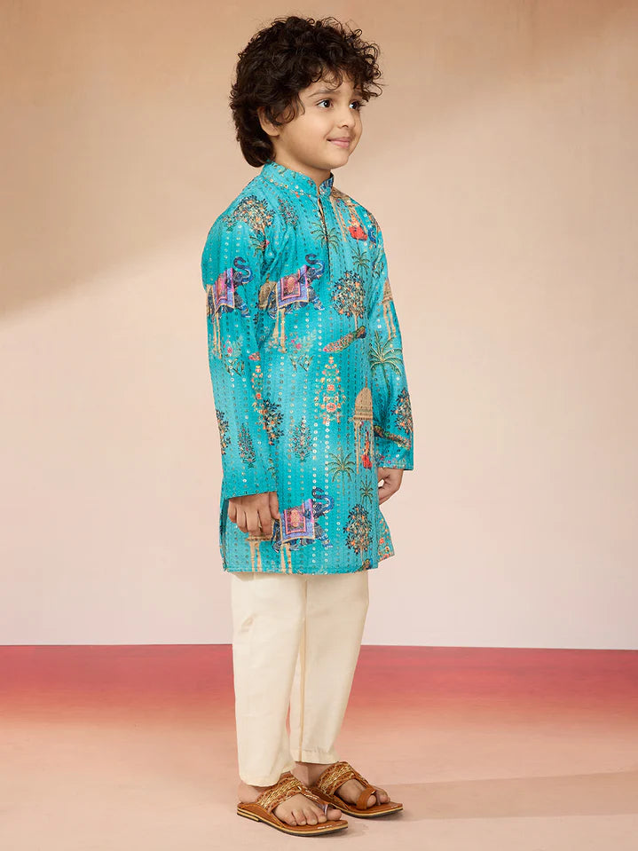 Blue Polyester Lurex Blend Navratri Boys Kurta Set