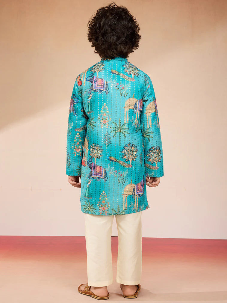 Blue Polyester Lurex Blend Navratri Boys Kurta Set