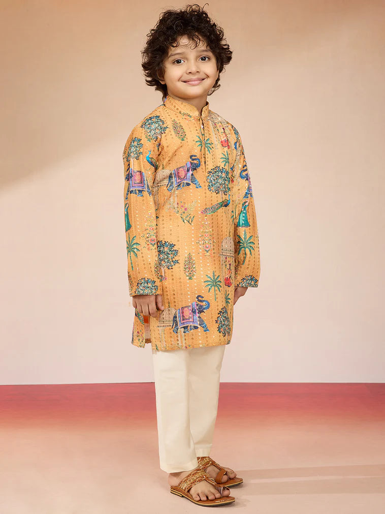 Yellow Polyester Lurex Blend Navratri Boys Kurta Set