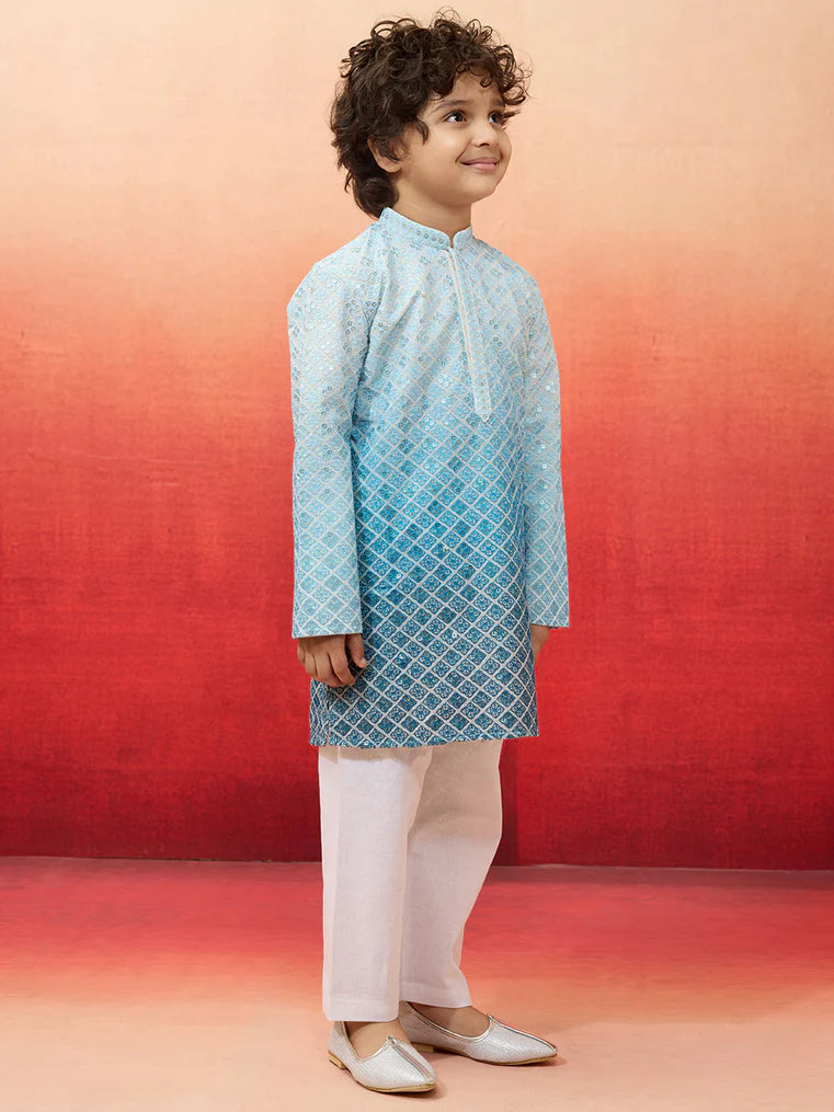 Aqua Blue Sequins Cotton Navratri Wear Boys Kurta Set