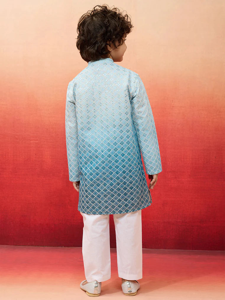 Aqua Blue Sequins Cotton Navratri Wear Boys Kurta Set