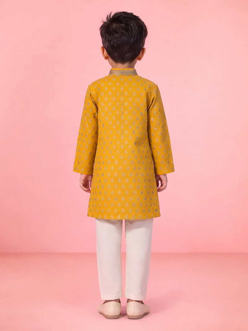 Yellow Silk Blend Diwali Boys Kurta Set