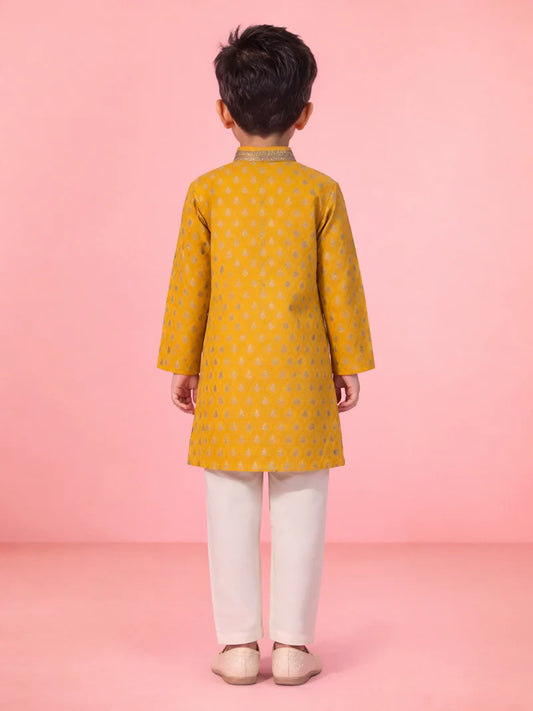 Yellow Silk Blend Diwali Boys Kurta Set