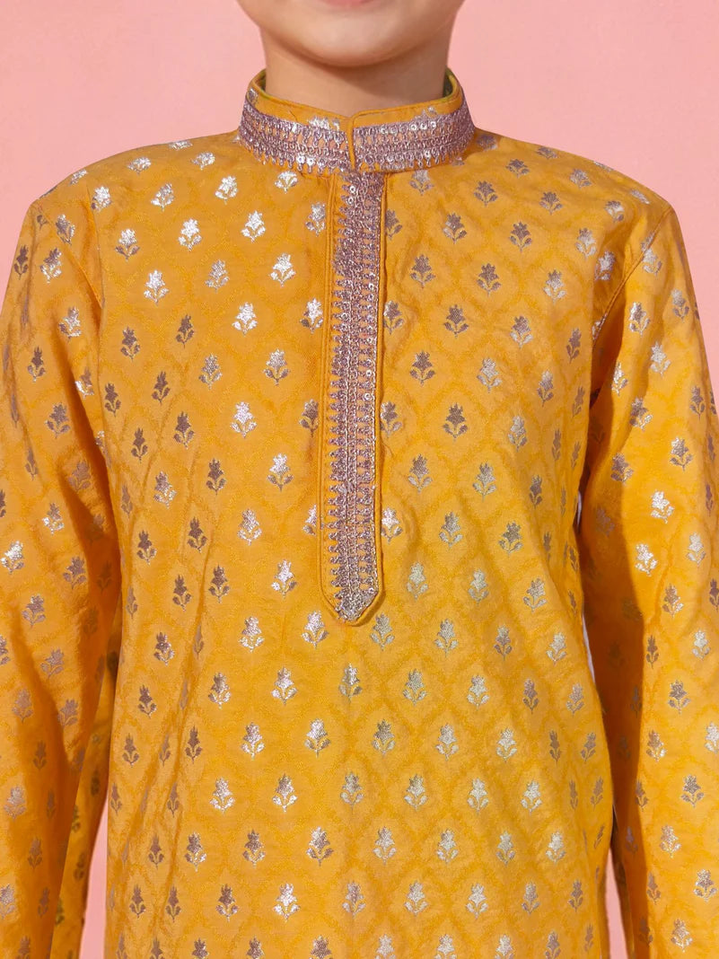 Yellow Silk Blend Diwali Boys Kurta Set