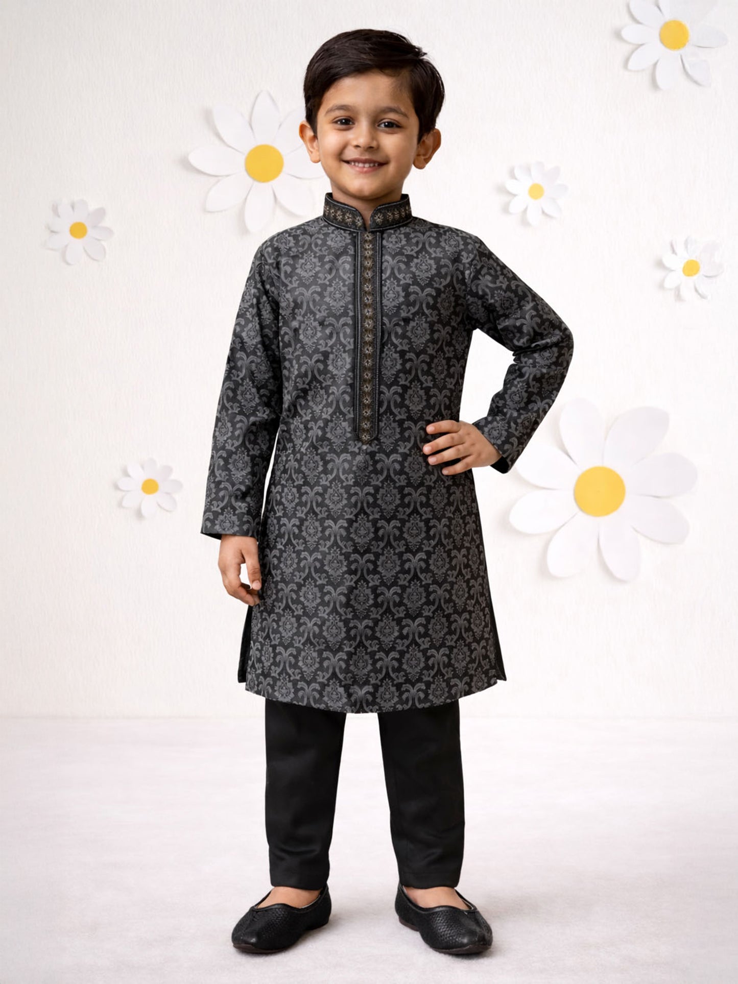 Boys Black Silk Blend Printed Kurta Pyjama Set