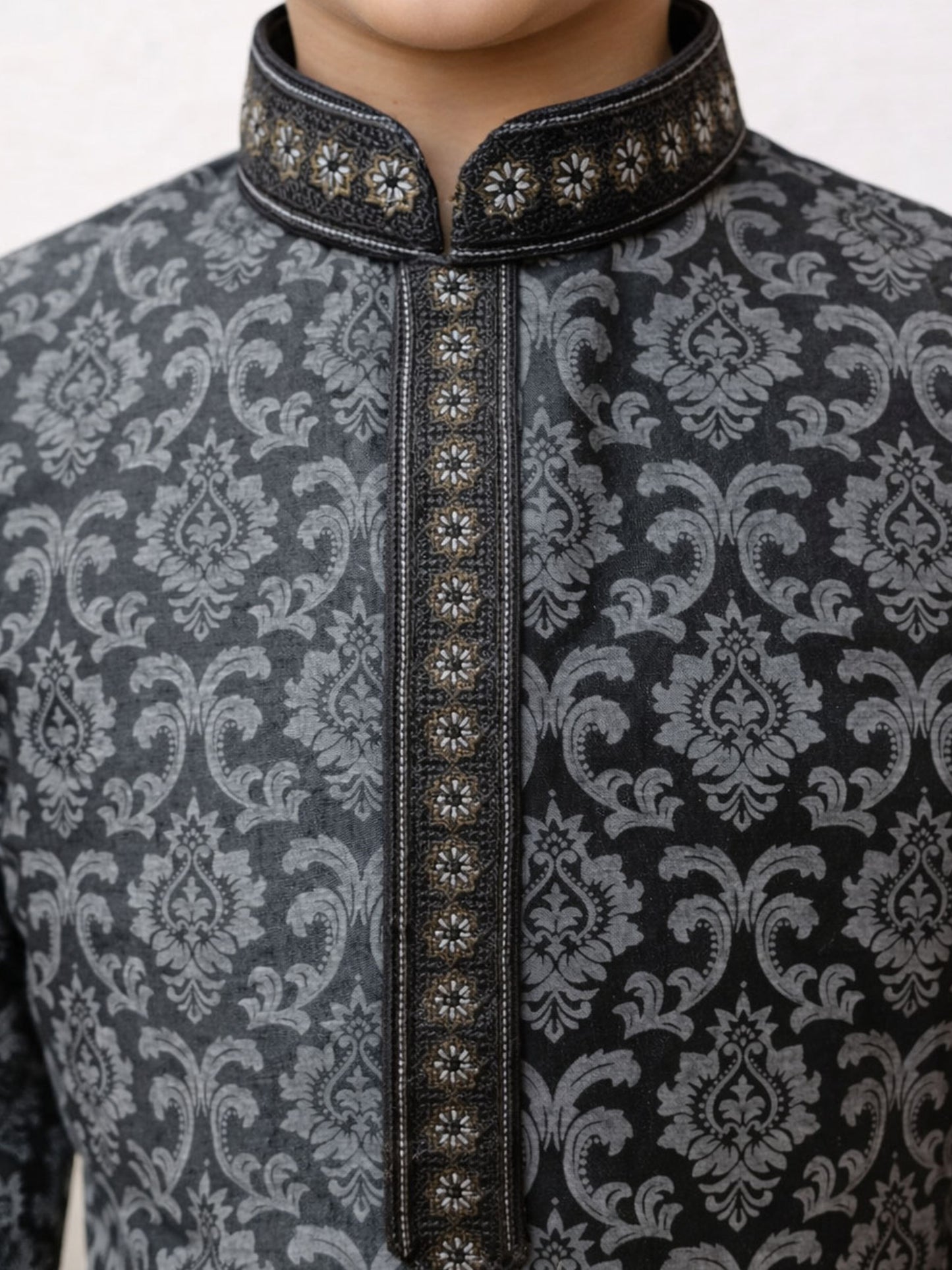 Boys Black Silk Blend Printed Kurta Pyjama Set