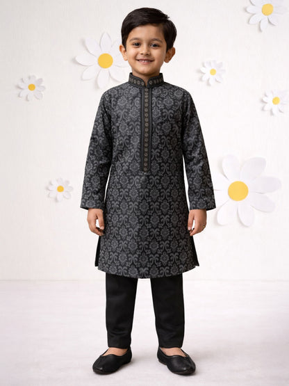 Boys Black Silk Blend Printed Kurta Pyjama Set