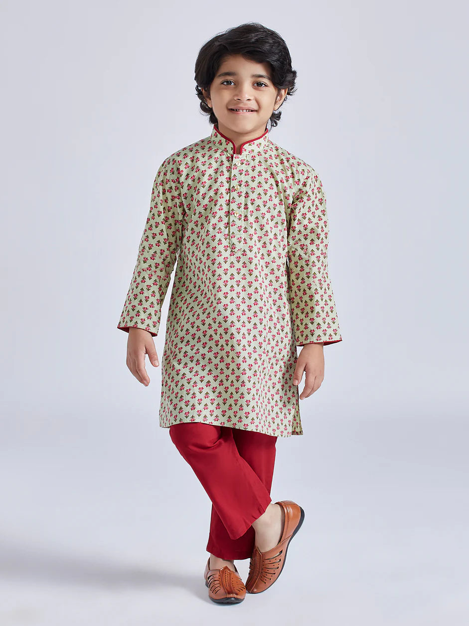 Mint Green Cotton Indated Traditions Boys Kurta Set