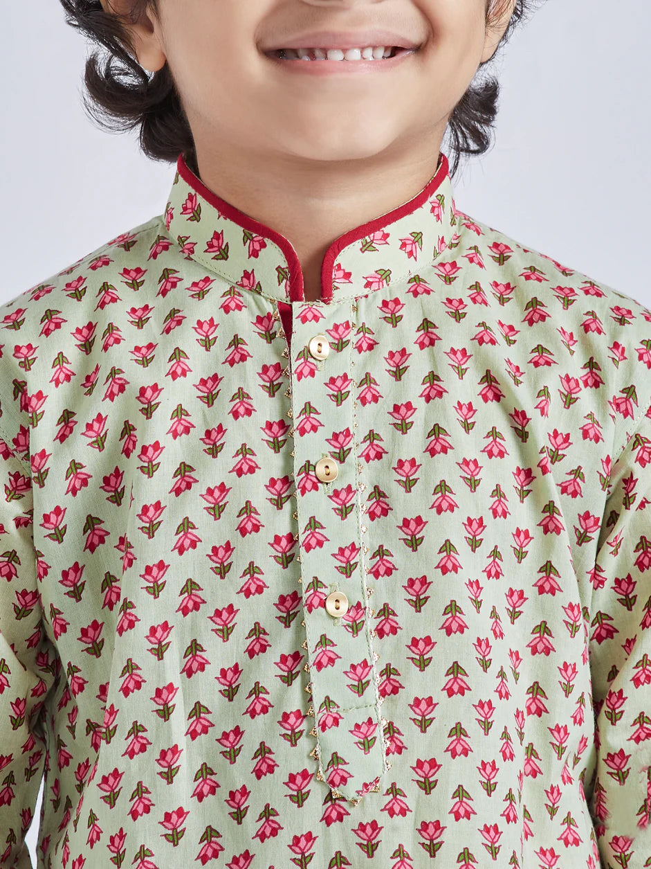 Mint Green Cotton Indated Traditions Boys Kurta Set