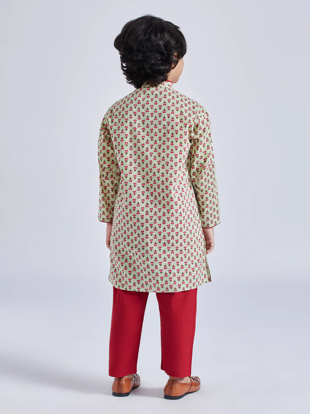 Mint Green Cotton Indated Traditions Boys Kurta Set