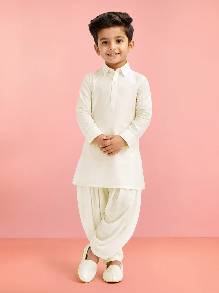 Cream Viscose Casual Boys Kurta Set