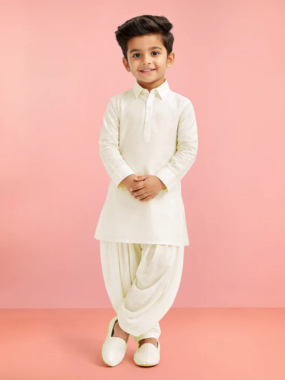 Cream Viscose Casual Boys Kurta Set