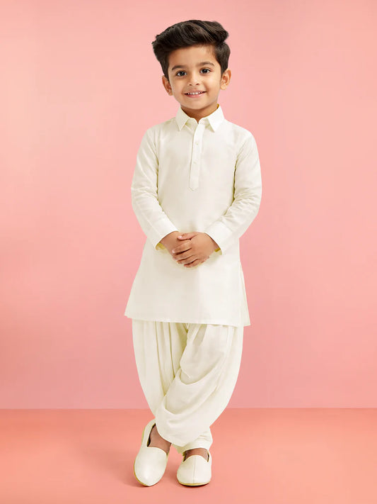 Cream Viscose Casual Boys Kurta Set