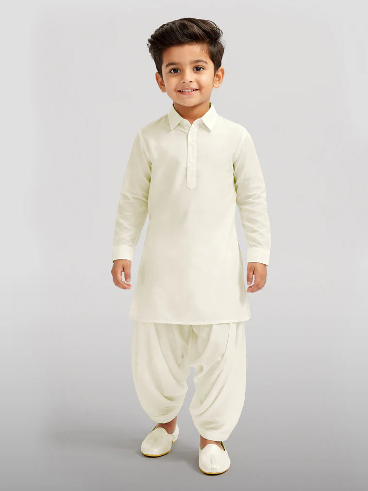 Cream Viscose Casual Boys Kurta Set