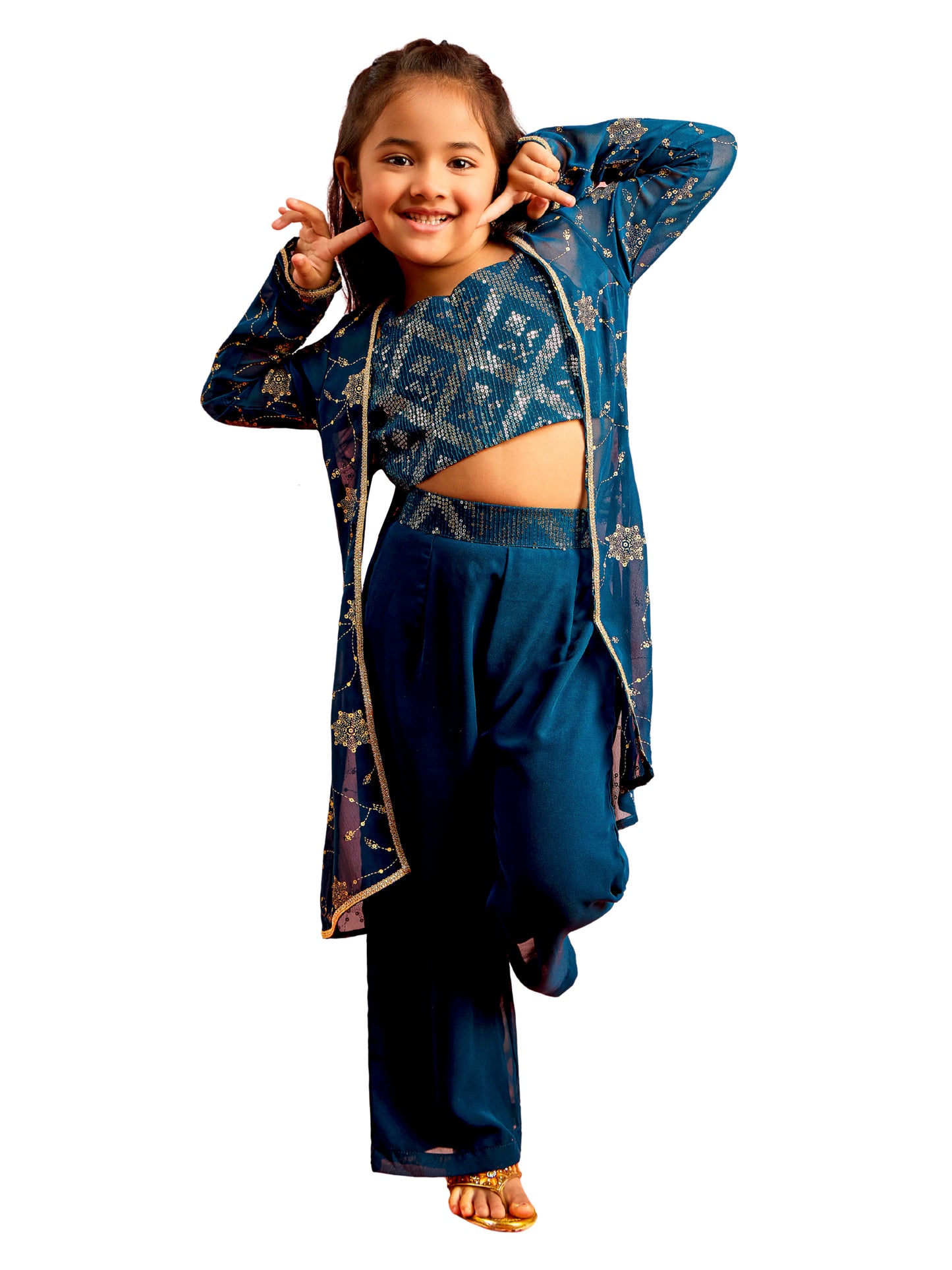 Turquoise Georgette Wedding Wear Girls Ethnic Set
