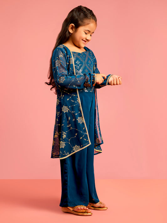 Turquoise Georgette Wedding Wear Girls Ethnic Set