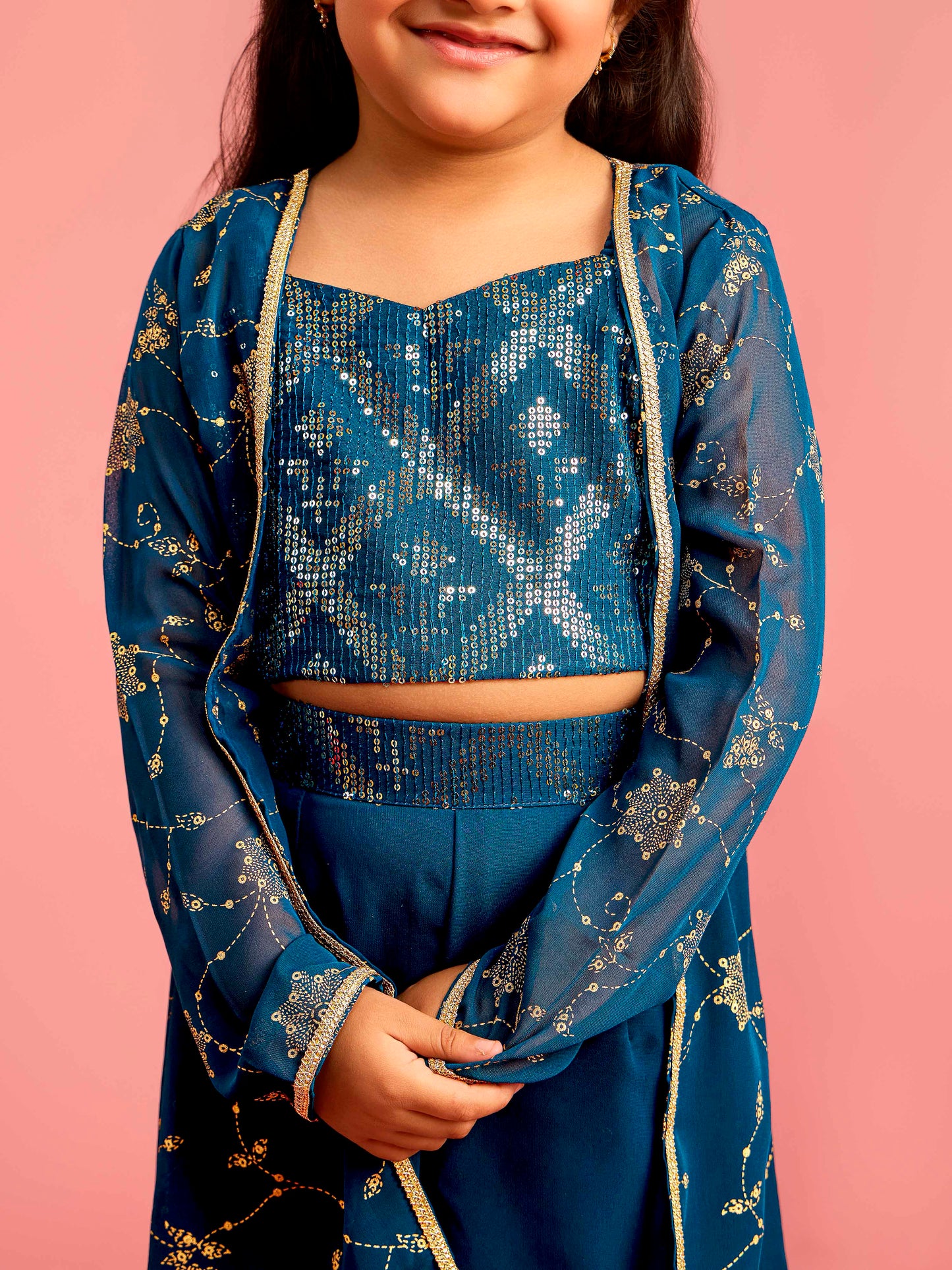 Turquoise Georgette Wedding Wear Girls Ethnic Set