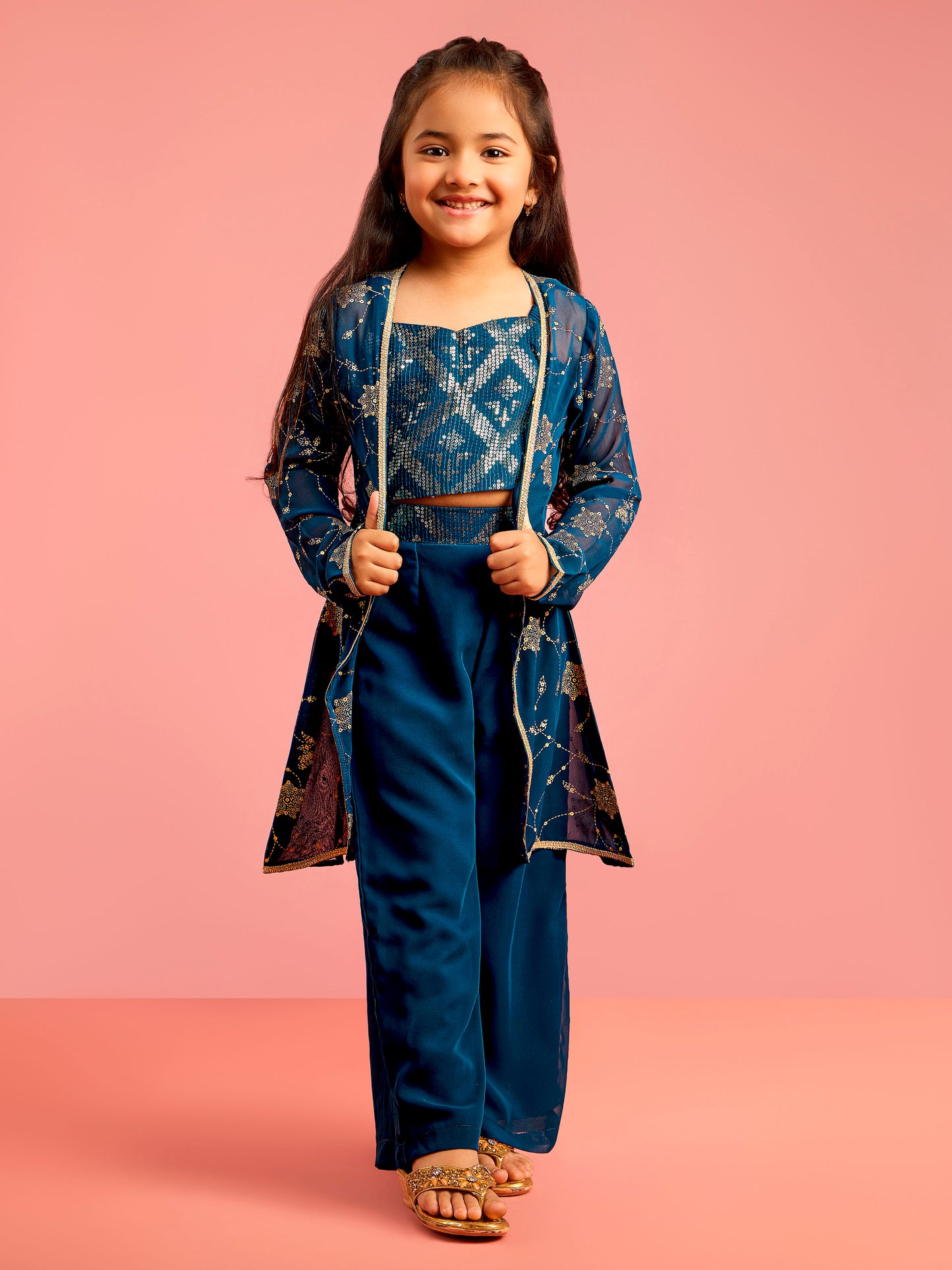 Turquoise Georgette Wedding Wear Girls Ethnic Set