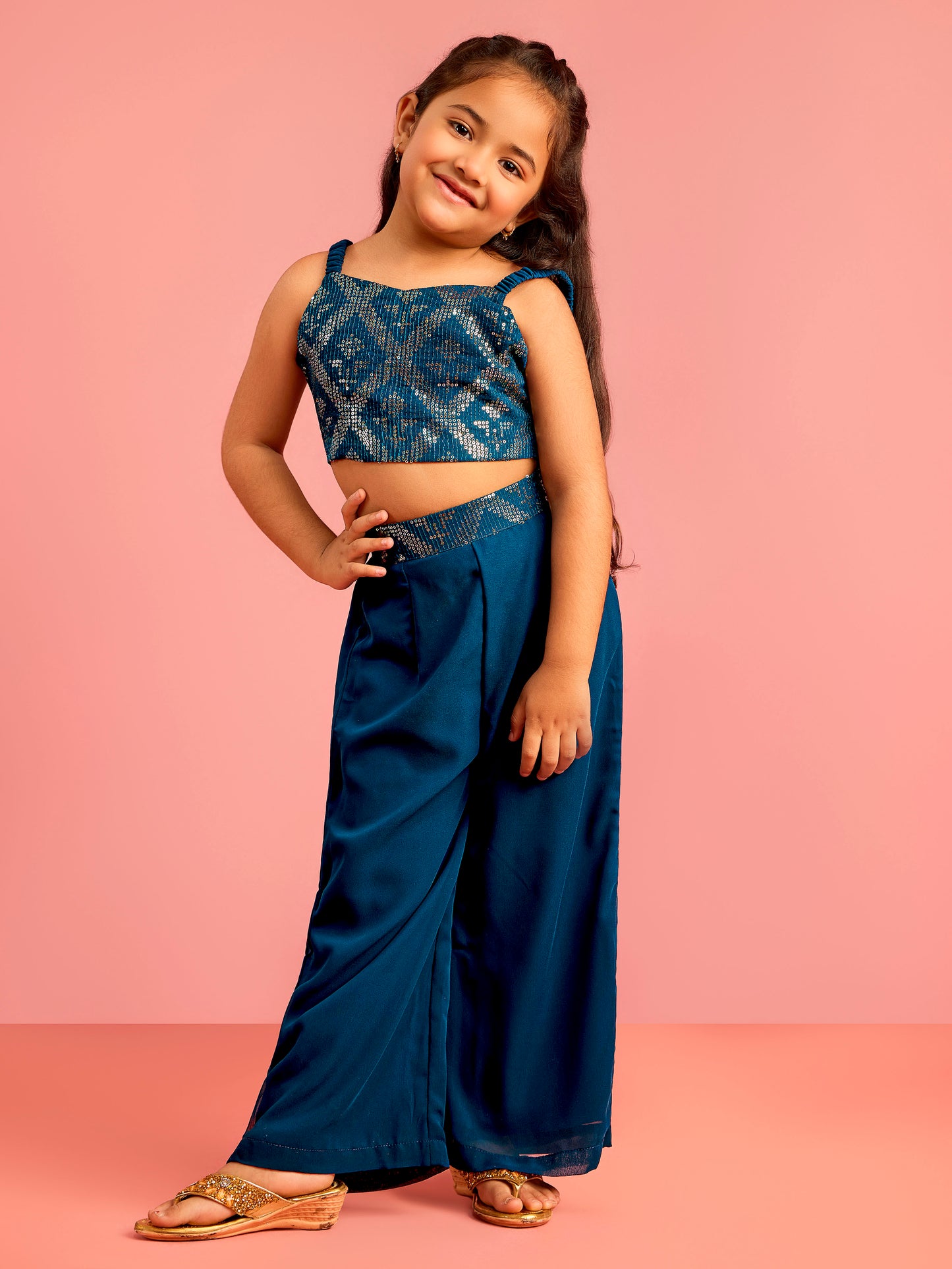 Turquoise Georgette Wedding Wear Girls Ethnic Set