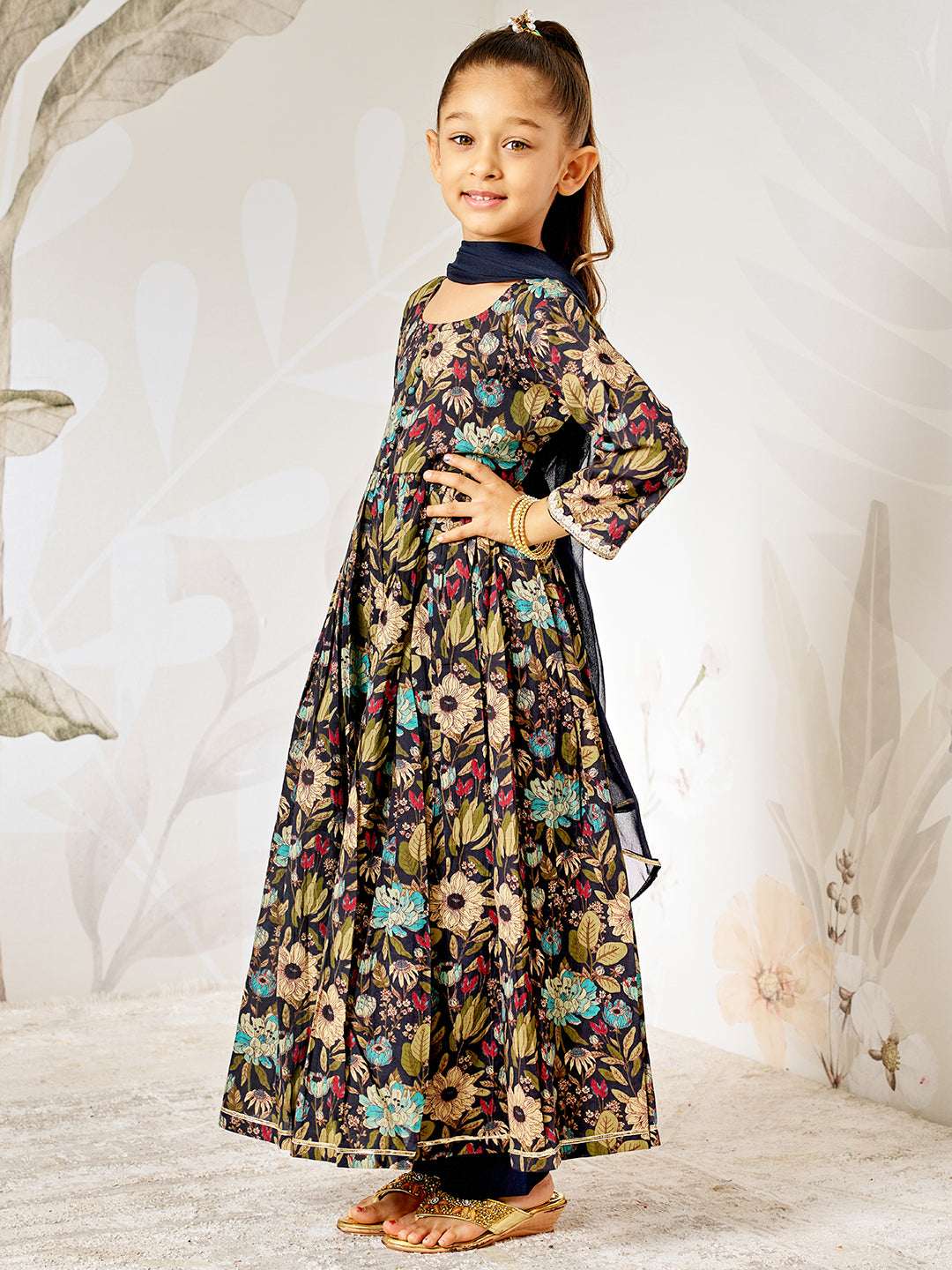 Multicolor Cotton Wedding Wear Girls Anarkali Set Pyjama