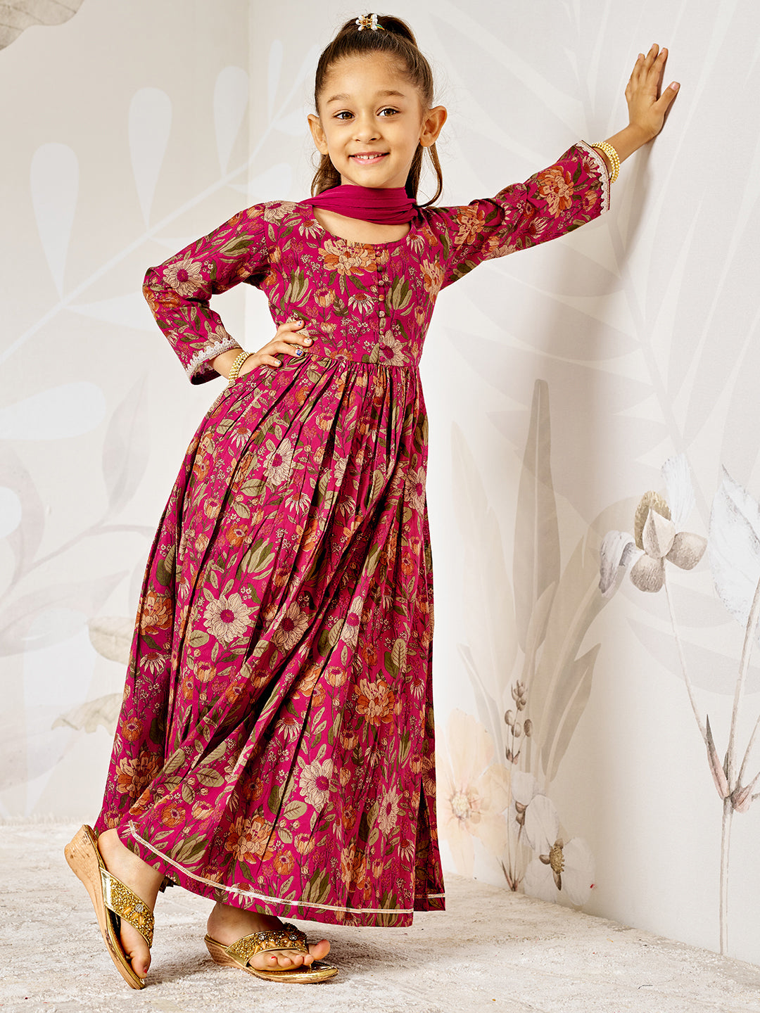 Multicolor Cotton Wedding Wear Girls Anarkali Set