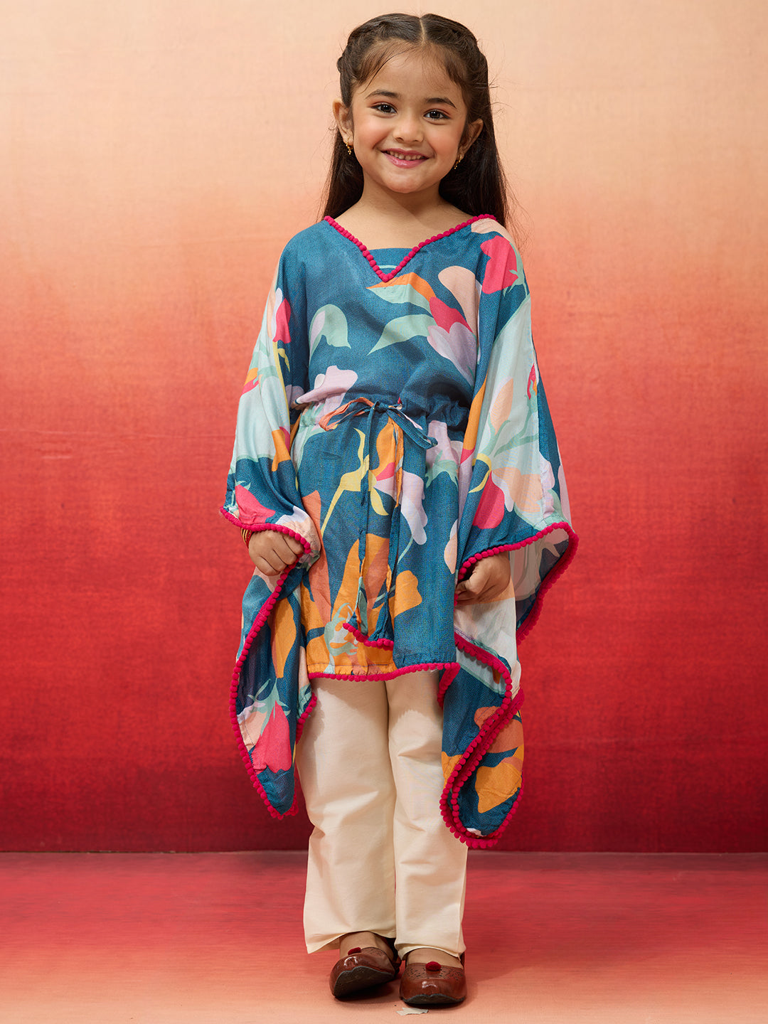 Blue Cotton Muslin Navratri Wear Girls Kurta Set