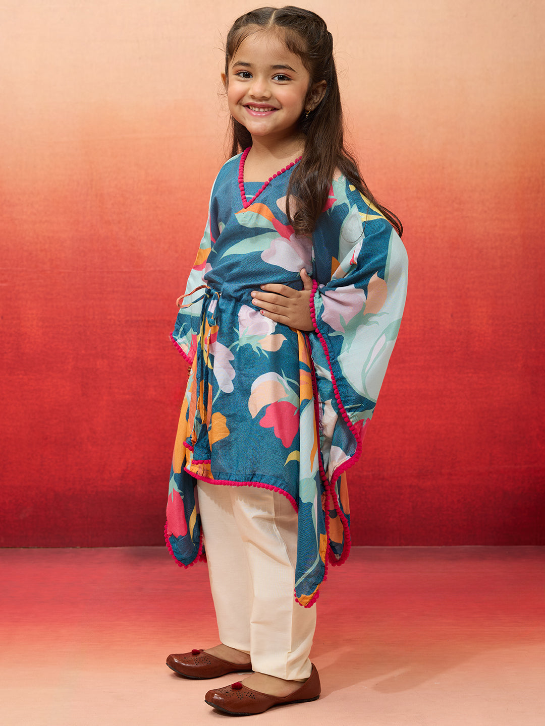 Blue Cotton Muslin Navratri Wear Girls Kurta Set