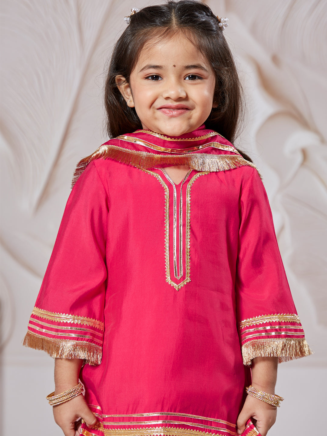 Pink Silk Blend Wedding Wear Girls Kurta Set