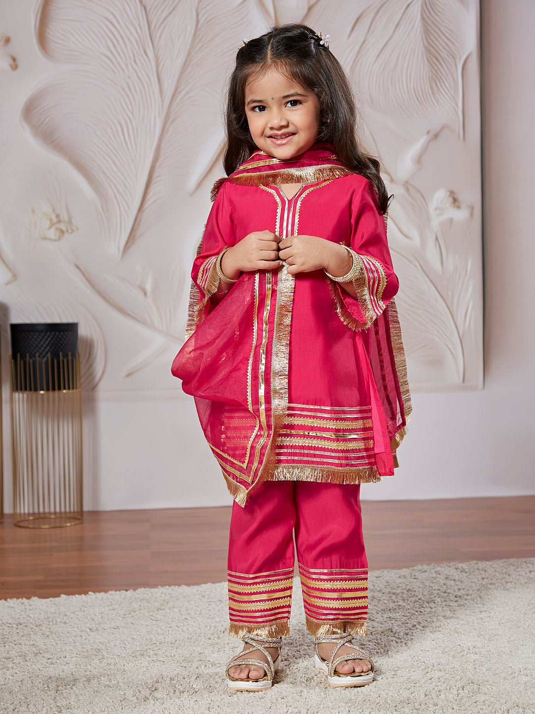 Pink Silk Blend Wedding Wear Girls Kurta Set