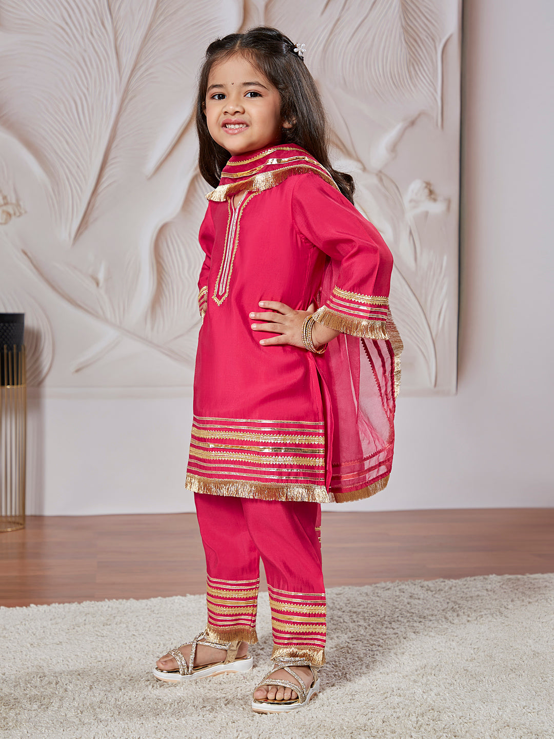 Pink Silk Blend Wedding Wear Girls Kurta Set