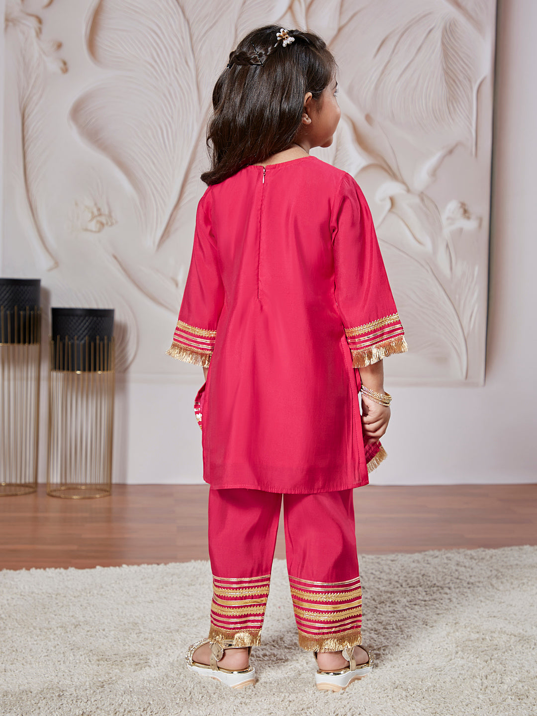 Pink Silk Blend Wedding Wear Girls Kurta Set