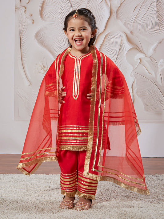 Red Silk Blend Wedding Wear Girls Kurta Set