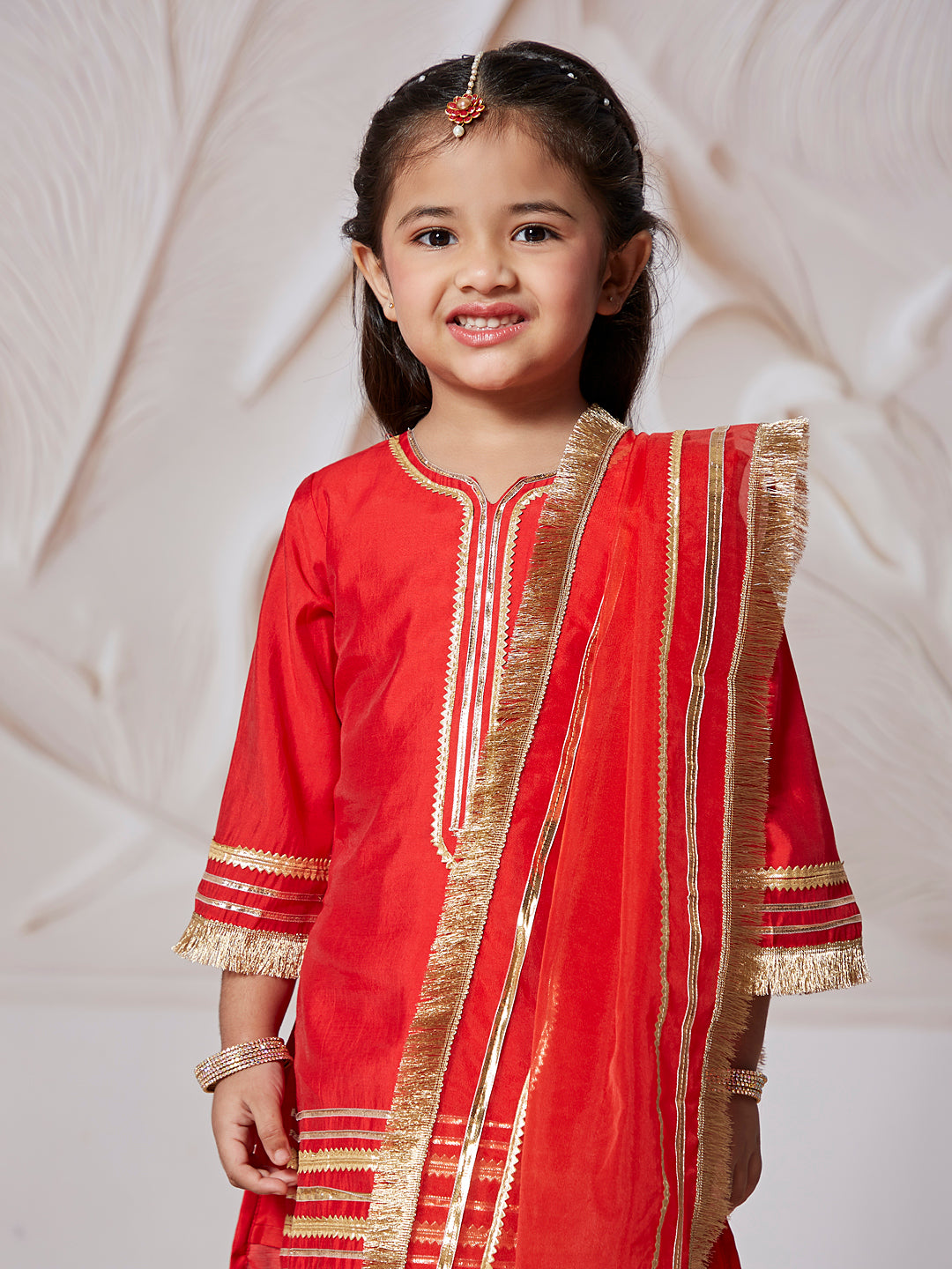 Red Silk Blend Wedding Wear Girls Kurta Set