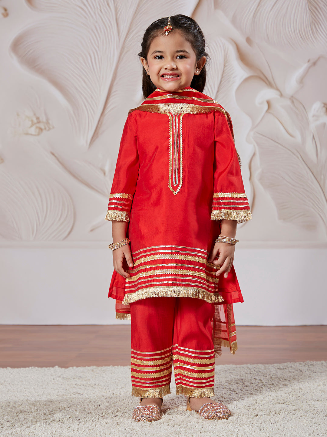 Red Silk Blend Wedding Wear Girls Kurta Set